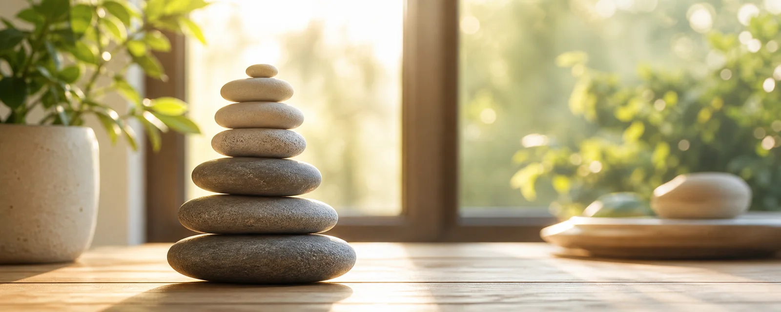 Balanced natural stones in warm window light reflecting balance and positive transformation
