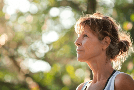 Quiet sunlit moment outdoors representing calm and clarity in midlife