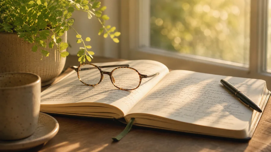 Open book with glasses resting on the pages representing careful analysis