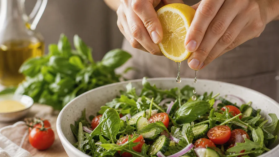 hands preparing a vibrant salad as part of a nourishing meal